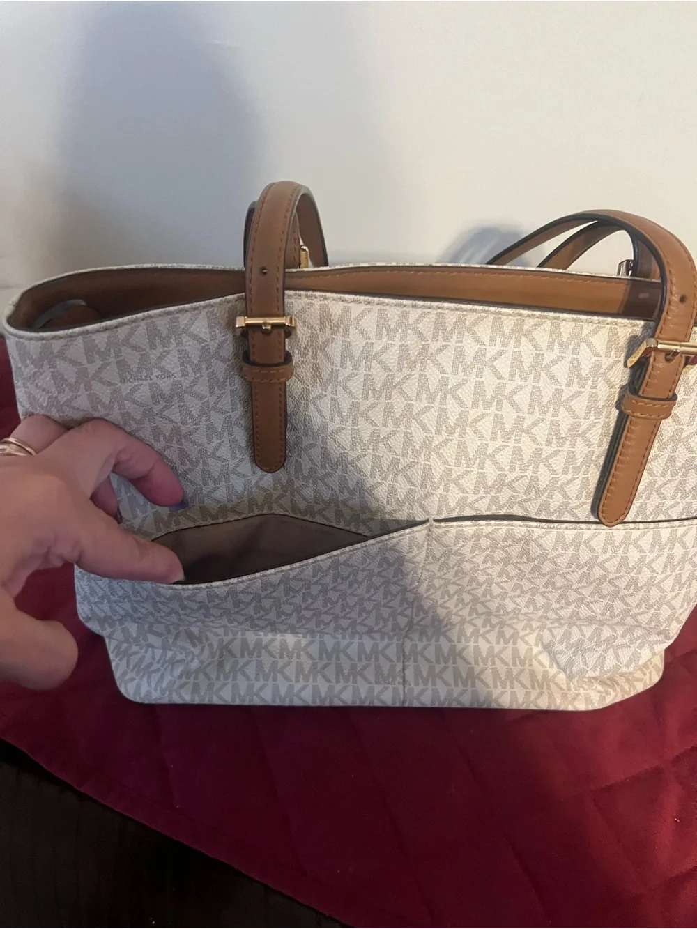 Michael Kors Cream Signature Tote with Tan Leather Trim
